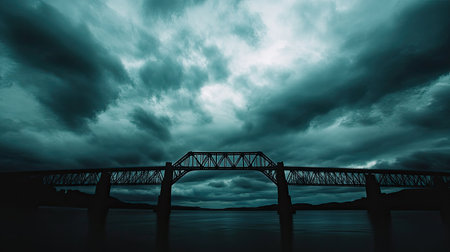The Forth Bridge in Scotland, silhouetted against a cloudy sky, leaving space for your messageの素材