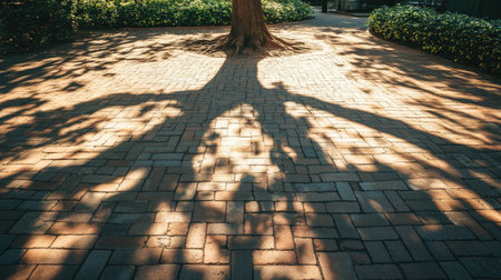 The outline of a big tree's shadow on a sunlit brick pathway, leaving space for your messageの素材