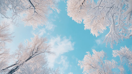 Snow-covered branches in a winter forest, with room for copy in the sky aboveの素材