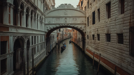 The historic Ponte Sospiri in Venice, with open space for text in the canal belowの素材