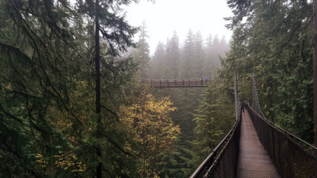 The picturesque Capilano Suspension Bridge in Vancouver, with room for copy in the forest belowの素材