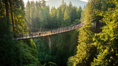 The picturesque Capilano Suspension Bridge in Vancouver, with room for copy in the forest belowの素材