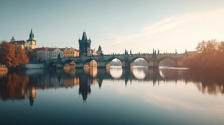 The stunning Charles Bridge in Prague, with open space for text in the calm river belowの素材