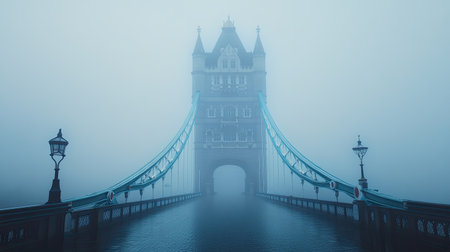 The Tower Bridge in London on a misty morning, with ample copy space in the sky aboveの素材
