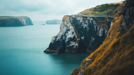 The rugged Carrick-a-Rede Rope Bridge in Northern Ireland, with open space for text in the rocky landscapeの素材