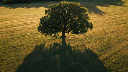 The shadow of a grand tree on a wide-open field, with ample space for copyの素材