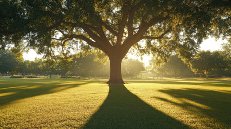 The shadow of a towering oak tree stretching across a sunlit park, leaving ample room for textの素材
