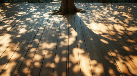 The shadow of a big tree on a wooden deck, with plenty of room for copy in the open space -の素材