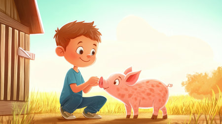 A cartoon child feeding a baby piglet, with plenty of room for text in the barnyard.の素材