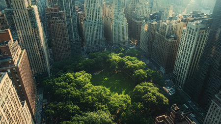 High-angle view of a city's central park amidst tall buildings, with plenty of copy space in the greenery.の素材
