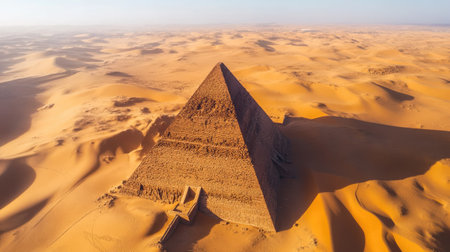 Aerial view of an ancient pyramid surrounded by endless sand dunes, with plenty of copy space in the vast desert.の素材