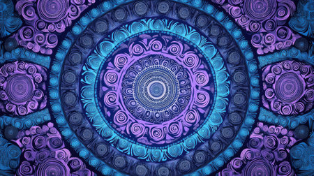 Repeating circular pattern in shades of blue and purple, with plenty of room for text in the corners.の素材