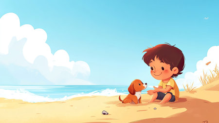 A cartoon child playing with a puppy on the beach, with plenty of room for text in the sand and sky.の素材