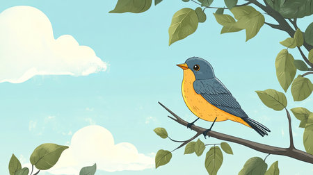 A cartoon bird perched on a tree branch, with room for text in the sky and surrounding leaves.の素材