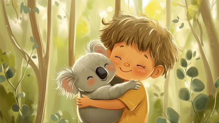 A cartoon child cuddling with a baby koala, with plenty of space for copy in the eucalyptus trees.の素材