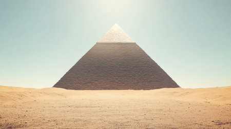 Majestic pyramid rising from the barren desert, with ample copy space in the clear sky and surrounding sand.の素材
