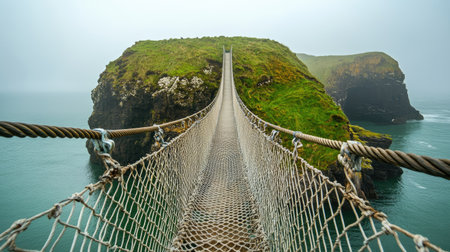 The tranquil Rope Bridge at Carrick-a-Rede, with ample space for copy in the coastal sceneryの素材
