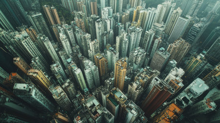Top view of a densely populated city with high-rise buildings, with room for copy in the open rooftops.の素材