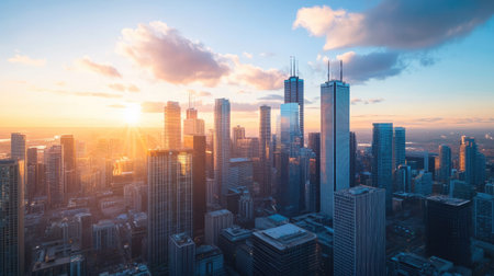 Aerial view of a skyline with glassy buildings reflecting sunlight, with copy space available in the sky.の素材