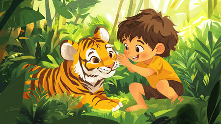 A cartoon child playing with a tiger cub, with plenty of room for text in the jungle scene.の素材
