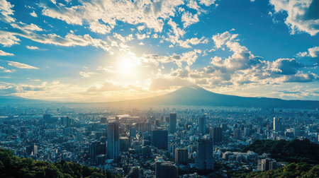 High-angle view of a city skyline with a mountain backdrop, with ample space for text in the open sky.の素材