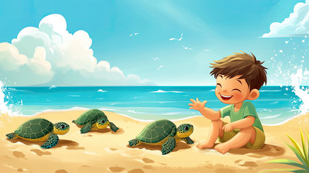 A cartoon child playing with turtles on the beach, with plenty of room for text in the sand and sea.の素材