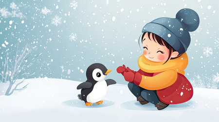 A cartoon child feeding a baby penguin, with space for copy in the snowy background.の素材