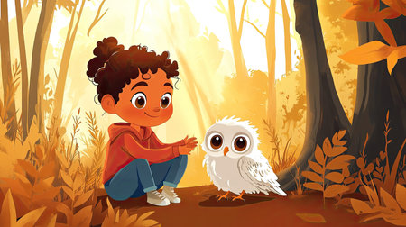 A cartoon child playing with a baby owl, with space for copy in the forest.の素材
