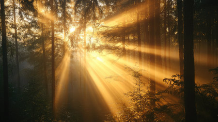 Sunlight filtering through thick trees in a forest, with room for copy in the glowing sky.の素材