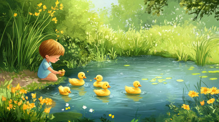 A cartoon child playing with baby ducks by a pond, with space for copy in the garden.の素材