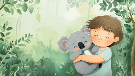 A cartoon child cuddling with a baby koala, with plenty of space for copy in the eucalyptus trees.の素材
