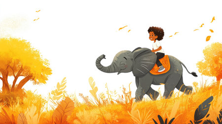 A cartoon child riding a baby elephant, with space for text in the savannah background.の素材