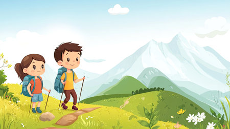 A cheerful cartoon boy and girl hiking up a mountain trail, with room for copy in the open landscape.の素材