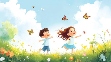 A cartoon happy boy and girl chasing butterflies in a meadow, with ample space for copy in the landscape.の素材