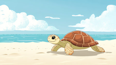 A cartoon turtle slowly walking along the beach, with plenty of space for text in the sand and sky.の素材