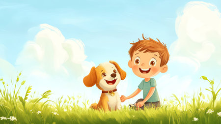 A playful cartoon boy and girl playing with a puppy, with ample space for copy in the grassy field.の素材