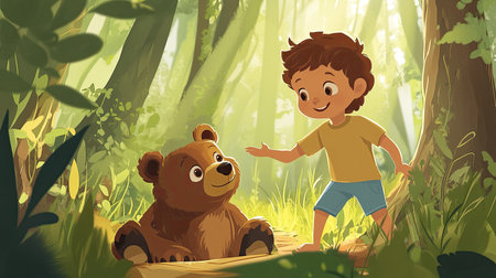 A playful cartoon child playing with a baby bear, with ample room for copy in the forest.の素材