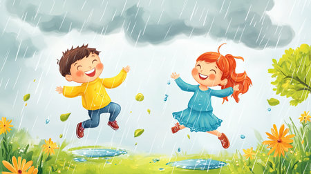 A cartoon happy boy and girl jumping in puddles on a rainy day, with space for text in the cloudy sky.の素材