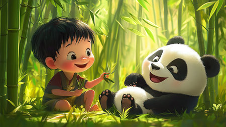 A cheerful cartoon child playing with a baby panda, with plenty of room for text in the bamboo forest.の素材