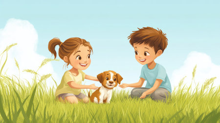 A playful cartoon boy and girl playing with a puppy, with ample space for copy in the grassy field.の素材