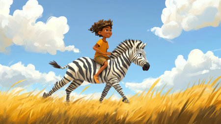 A cartoon child riding a baby zebra, with plenty of room for copy in the savannah.の素材