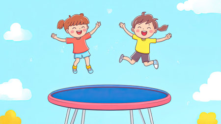 A playful cartoon boy and girl jumping on a trampoline, with space for copy in the blue sky background.の素材