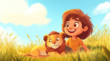 A cheerful cartoon child playing with a baby lion, with plenty of room for text in the savannah.の素材