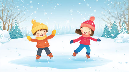 A cartoon happy boy and girl ice skating on a frozen pond, with ample space for text in the winter sceneryの素材