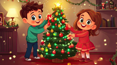 A cheerful cartoon boy and girl decorating a Christmas tree, with space for text in the festive background.の素材