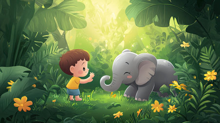 A cheerful cartoon child feeding a baby elephant, with plenty of room for text in the jungle.の素材