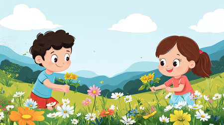A cheerful cartoon boy and girl picking wildflowers in a meadow, with space for copy in the background.の素材