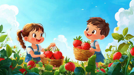A playful cartoon boy and girl picking strawberries in a sunny field, with ample room for copy in the sky.の素材