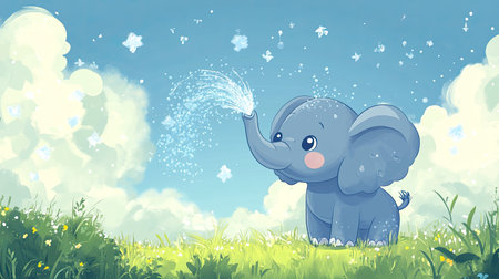 A cute cartoon elephant spraying water with its trunk, with plenty of room for text in the sky above.の素材