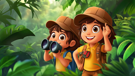 A cheerful cartoon boy and girl exploring a jungle with binoculars, with room for copy in the lush background.の素材